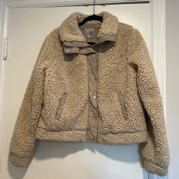 Kut From the Cloth Womens Lg Fuzzy Sherpa Full Zip/ Button Beige Bomber Jacket. - Picture 1 of 14